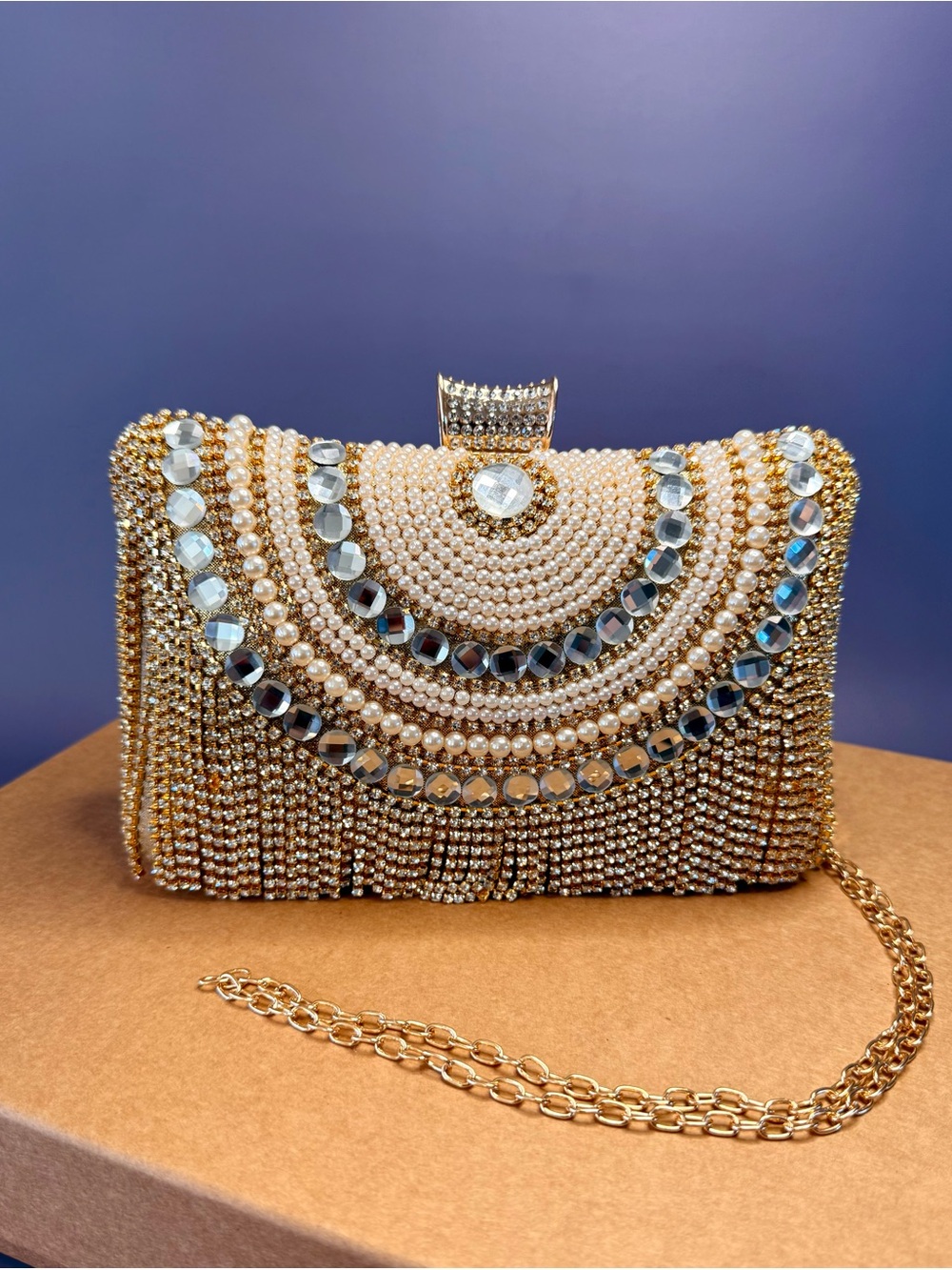 Gold Pearl & Crystal Fringe Evening Clutch with Chain